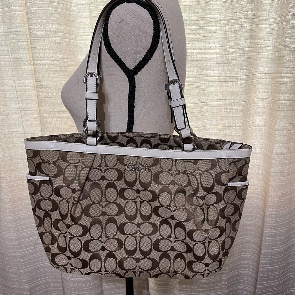 Coach Signature Monogram Canvas Tan and White Tote Bag
